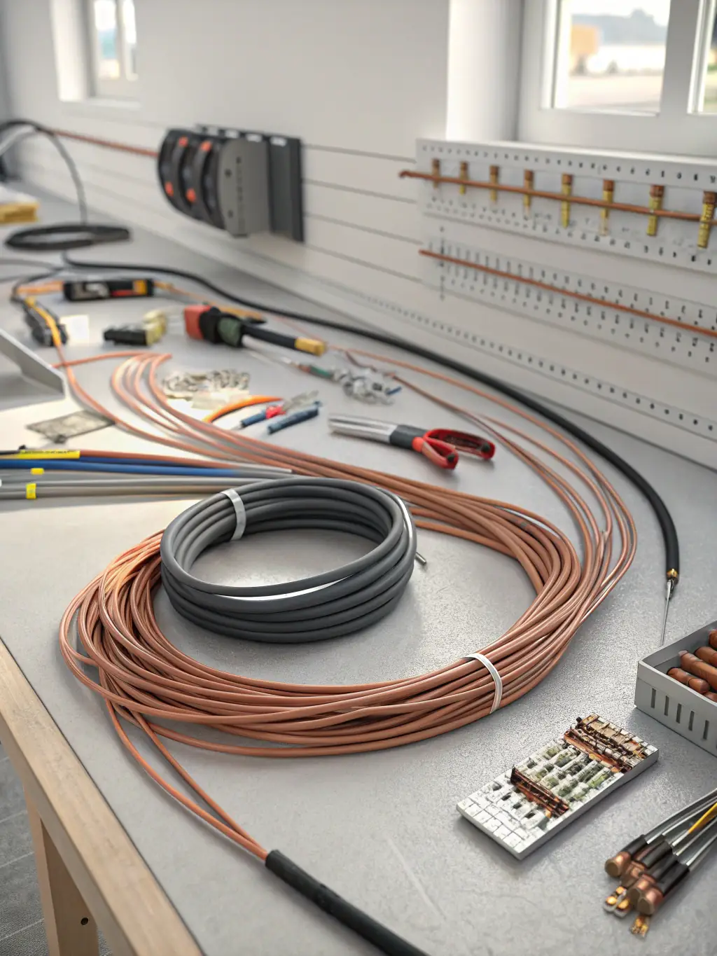 A picture of various electronic cables and wires being sorted and processed, emphasizing the recovery of copper and other valuable metals.