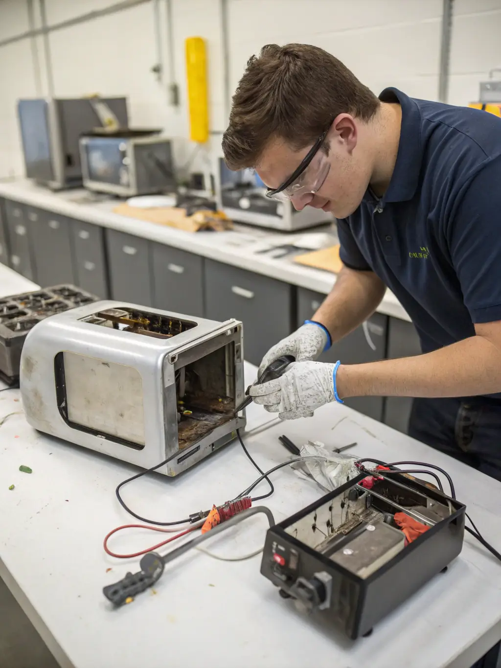 An image of household appliances like microwaves and toasters being dismantled, highlighting the importance of recycling these items to reduce landfill waste.