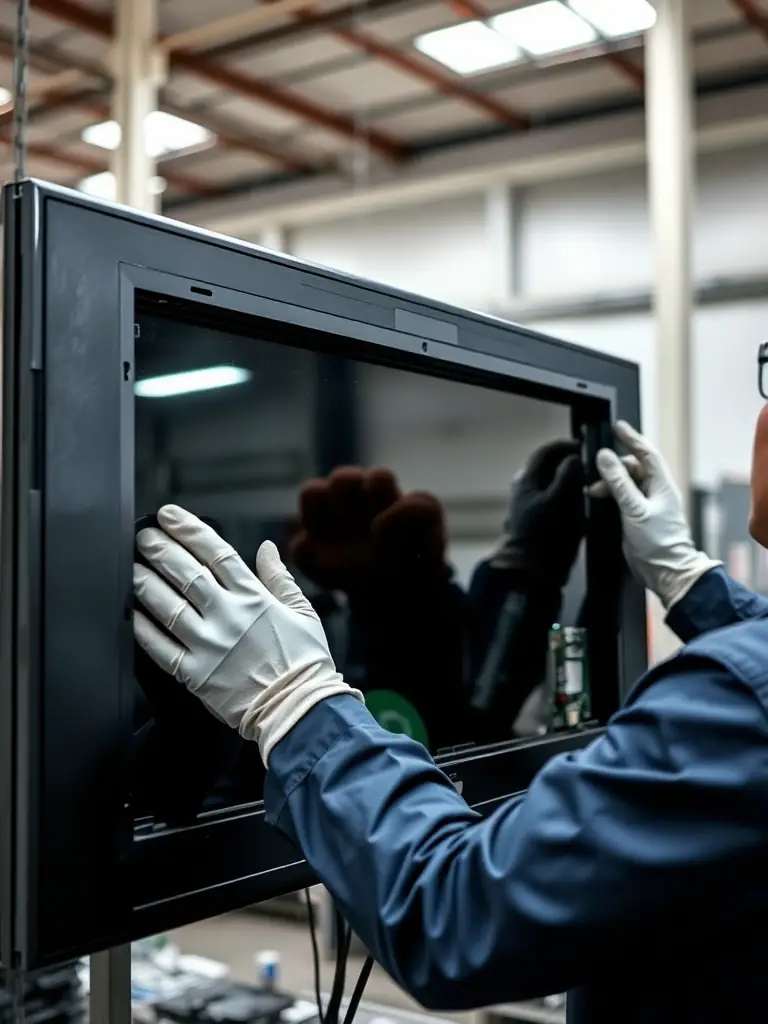 A worker at Stones River Recycling carefully disassembling a television, with a focus on the separation of glass and circuit boards.