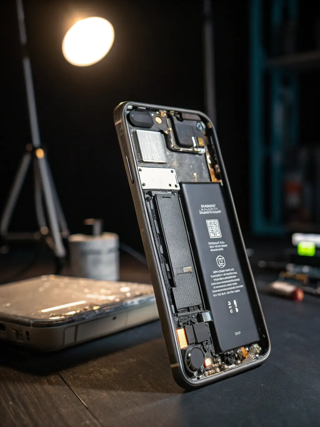 A close-up shot of various smartphones being disassembled for recycling, showcasing the intricate components and materials being recovered.