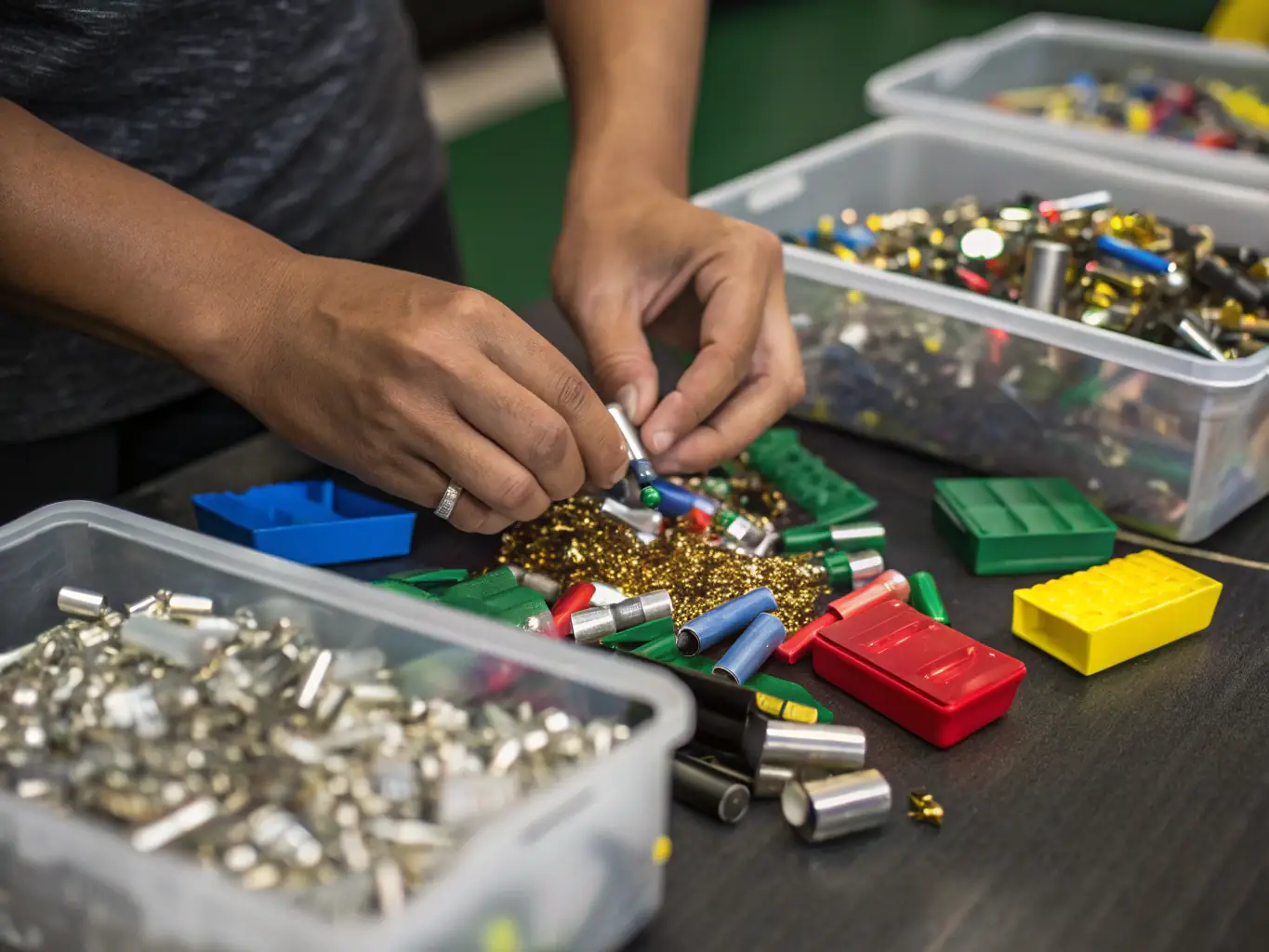 A close-up shot of workers at Stones River Recycling carefully sorting different types of e-waste on a conveyor belt. The image highlights the attention to detail and precision in the sorting process.