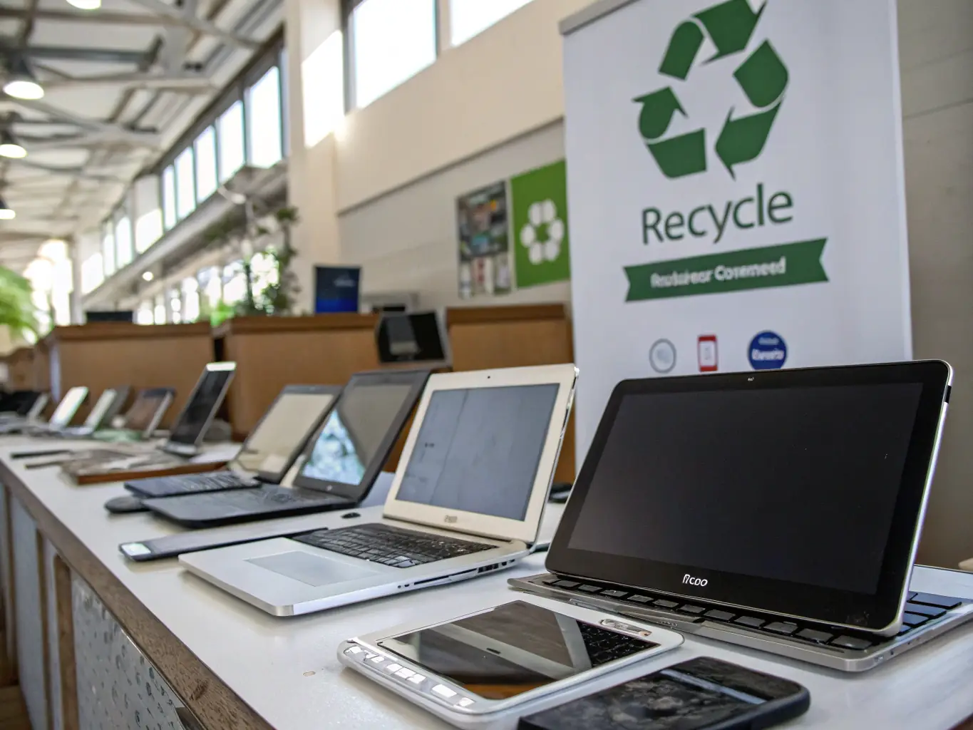 A wide-angle shot of the e-waste collection point at Stones River Recycling, showing various electronic devices being dropped off by customers. The scene emphasizes convenience and accessibility.