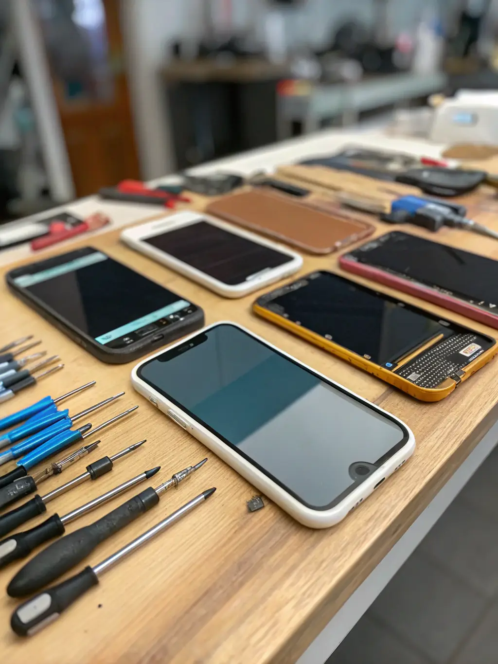 A close-up shot of various smartphones being sorted for recycling at Stones River Recycling, highlighting the different brands and models accepted.